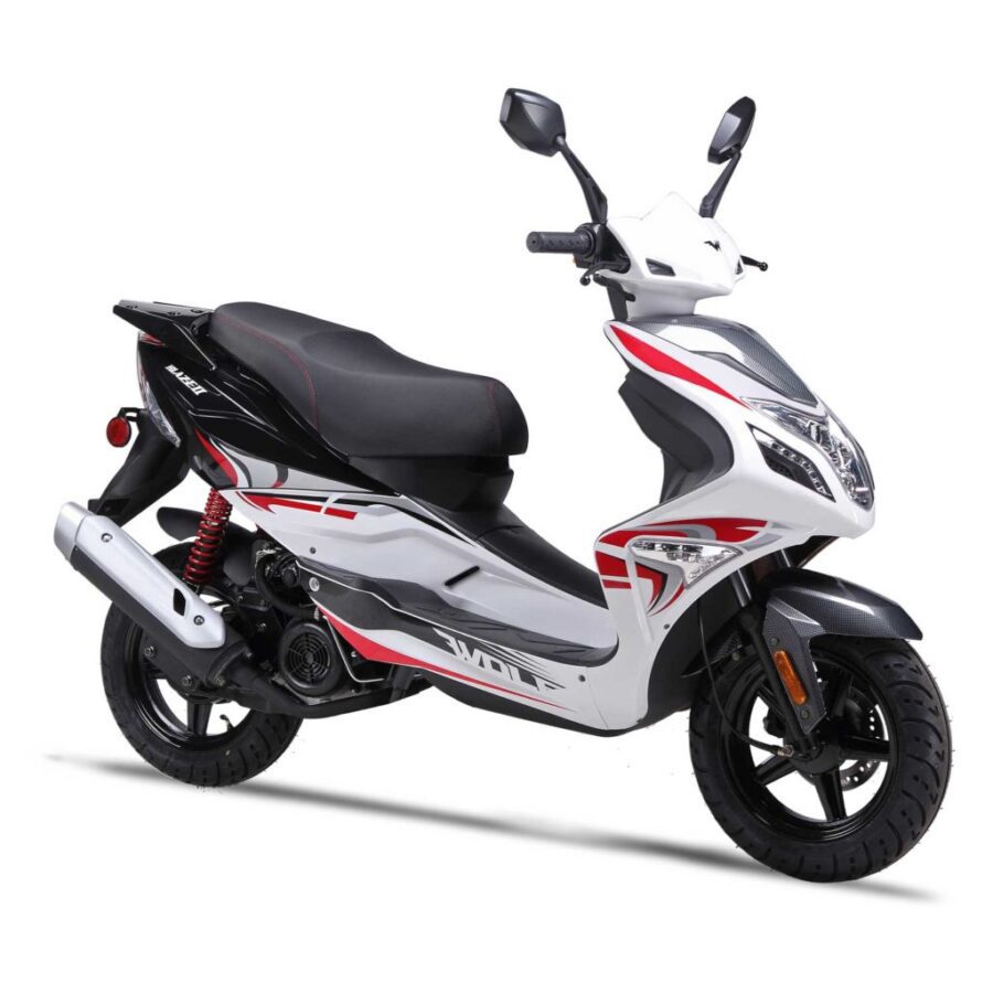 A white colored wolf brand blaze scooter