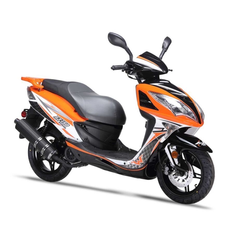 Right view of the Wolf brand 150CC Scooter in orange color
