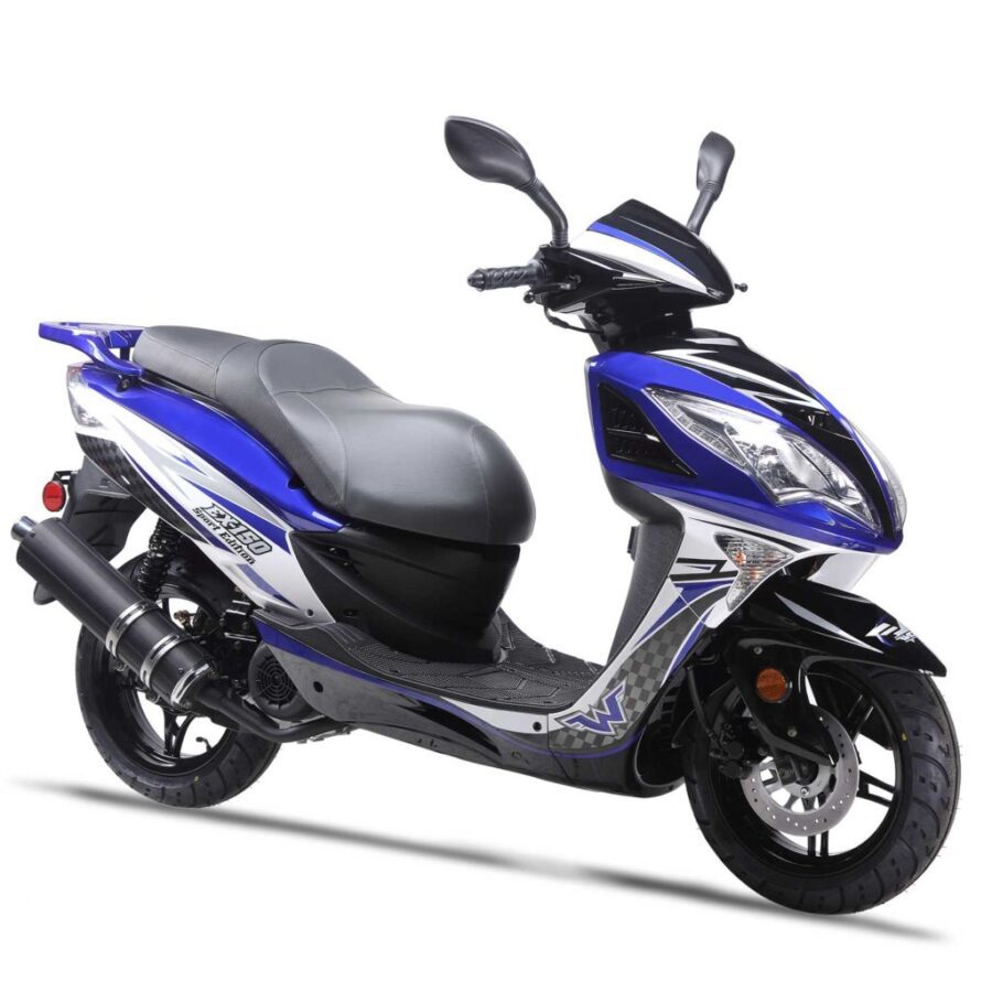 Right side of the wolf brand 150 CC Scooter in blue color